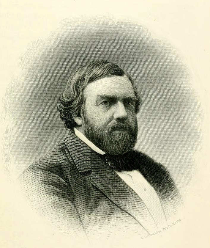 A black and white drawing of a white man with wavy hair and a beard and mustache. He sits with his body to the right, and looks slightly off to the right. He wears a bow tie, a collared shirt, and a suit jacket.