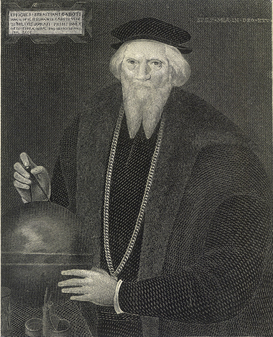 A black and white drawing of a man wearing a hat and a large coat, standing with his hands on top of and to the side of a globe. He has long hair, a long beard, and a mustache.