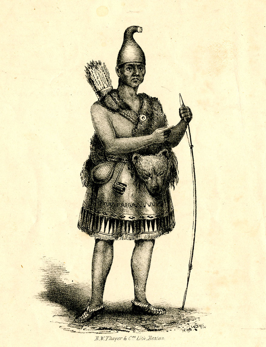 A black and white drawing of a man wearing a skirt and sash made from animal pelts and the head of a bear. He wears moccasins on his feet and a curved, cone-shaped hat. He carries a packet of arrows on his back and holds a bow in his left hand.