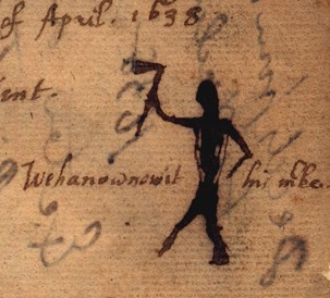 A drawing of a man holding a raised axe. The drawing is done in black ink on browning paper. From the viewer