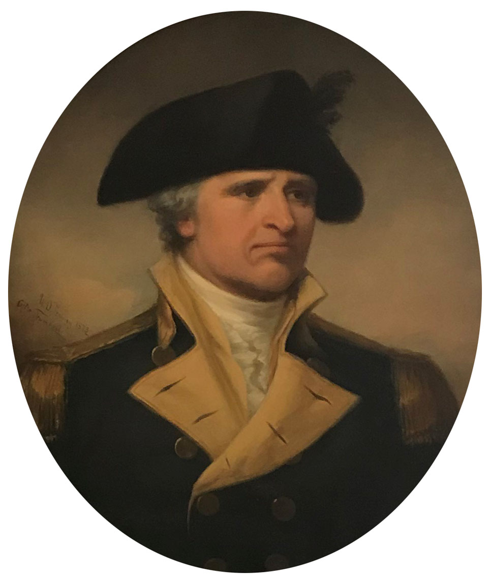 A circular, colored portrait of a white man looking off to the right. He wears a blue coat with a yellow collar and a black tri-cornered hat.