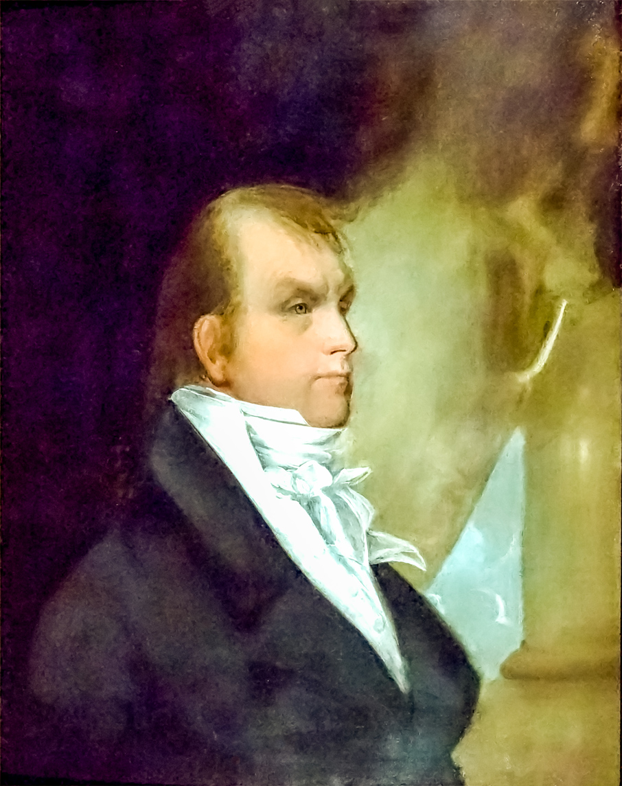 A colored painting of a white man with brown hair, a white ruffled necktie and shirt, and a black coat, facing to the right of the viewer.