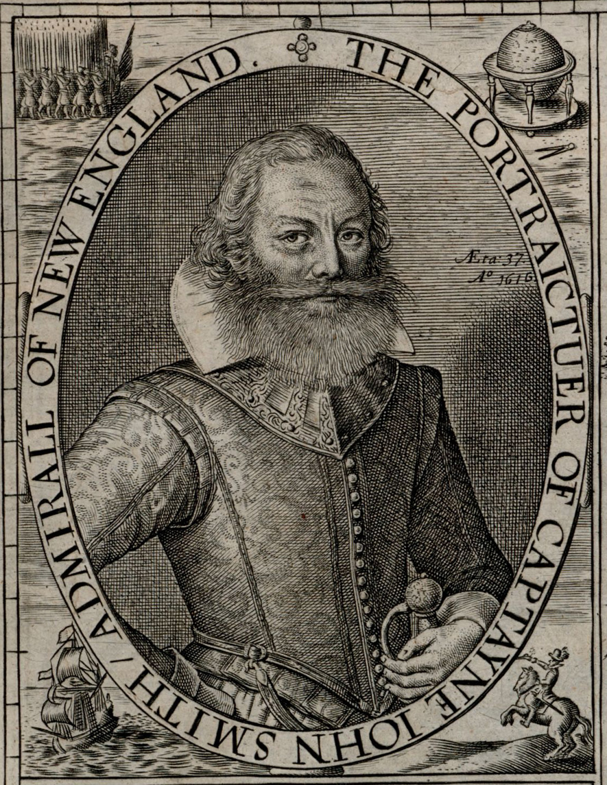 A black and white circular portrait of a man with long hair, a mustache, and a shoulder-length beard, who is looking at the viewer. The man wears a fitted long-sleeved, button-down shirt with a high collar. He holds the handle of a sword in his left hand. Text surrounding the portrait reads 'THE PORTRAICTUER OF CAPTAYNE JOHN SMITH/ADMIRAL OF NEW ENGLAND.'
