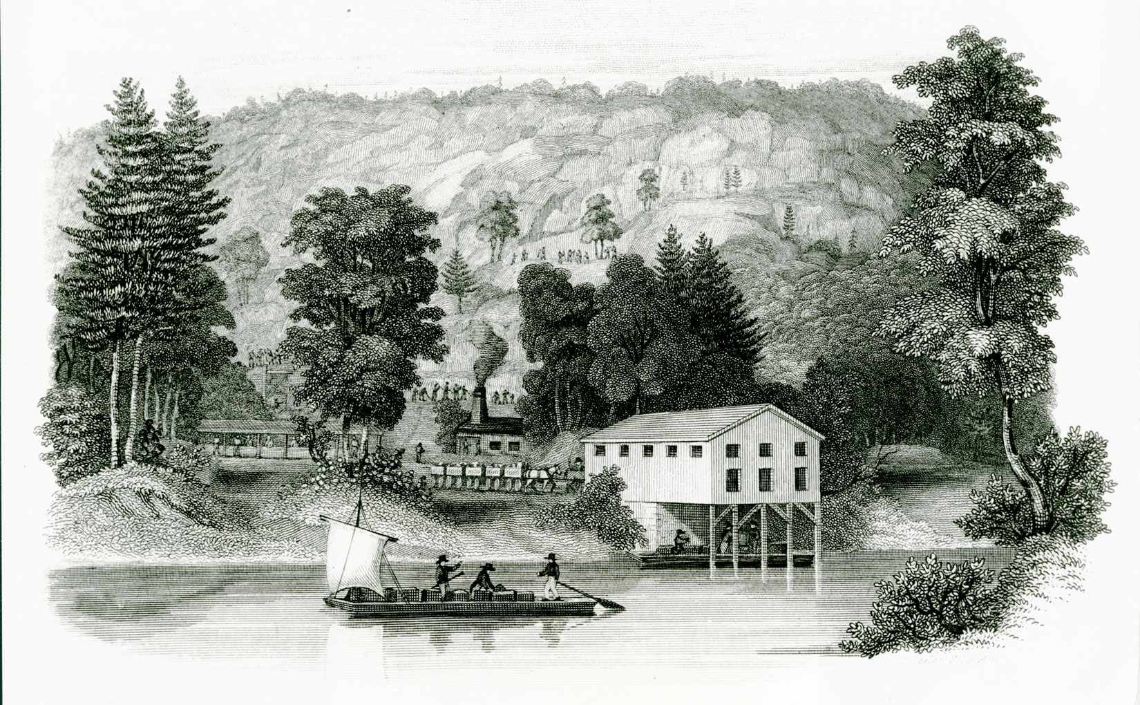 In a drawing of rural woodlands on a river, a boat propelled with setting poles and sail approaches a building. The building is set above the river so that there is a landing dock on the river under it. There are three figures on the boat and several others throughout the scene, some on a small road and some in a field. The scene shows large trees and bushes next to the river, and smaller ones throughout the landscape up a hill. There is also a small road with a few buildings on it leading to the landing building. 