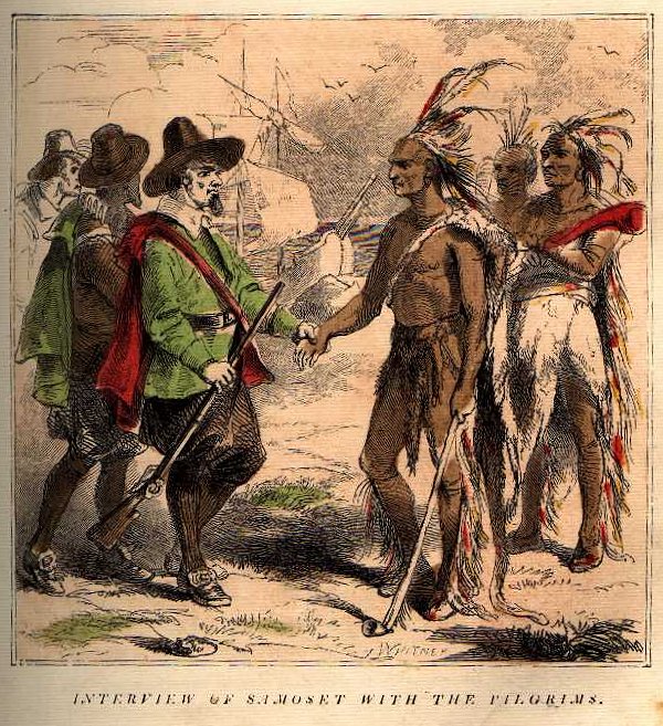 A drawing shows two groups of men in color, and, in the background, a two-masted ship in the water outlined in black and white. There are three men in the righthand ground, and they are dressed as traditional Native Americans. They have feather headdresses, clothing of animal skins covering parts of their bodies, and long horns. The three men on the left are dressed as traditional pilgrims. They have short, blousy pants, coats and cloaks, and black hats with wide brims all around. The man in front carries a rifle. The two men in front of each group are shaking hands. Under the picture, the words 