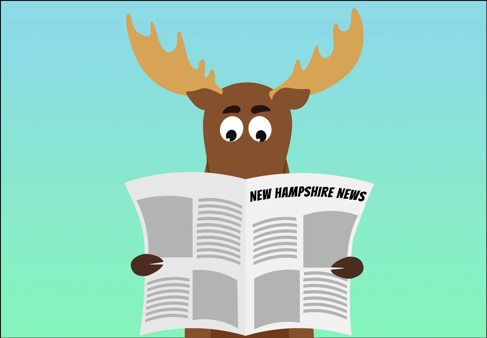 A colored cartoon drawing of a moose reading a newspaper. The title of the newspaper, located centered along the upper border of the right side page, reads "NEW HAMPSHIRE NEWS."