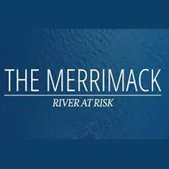 Logo for The Merrimack: River at Risk with blue water background.