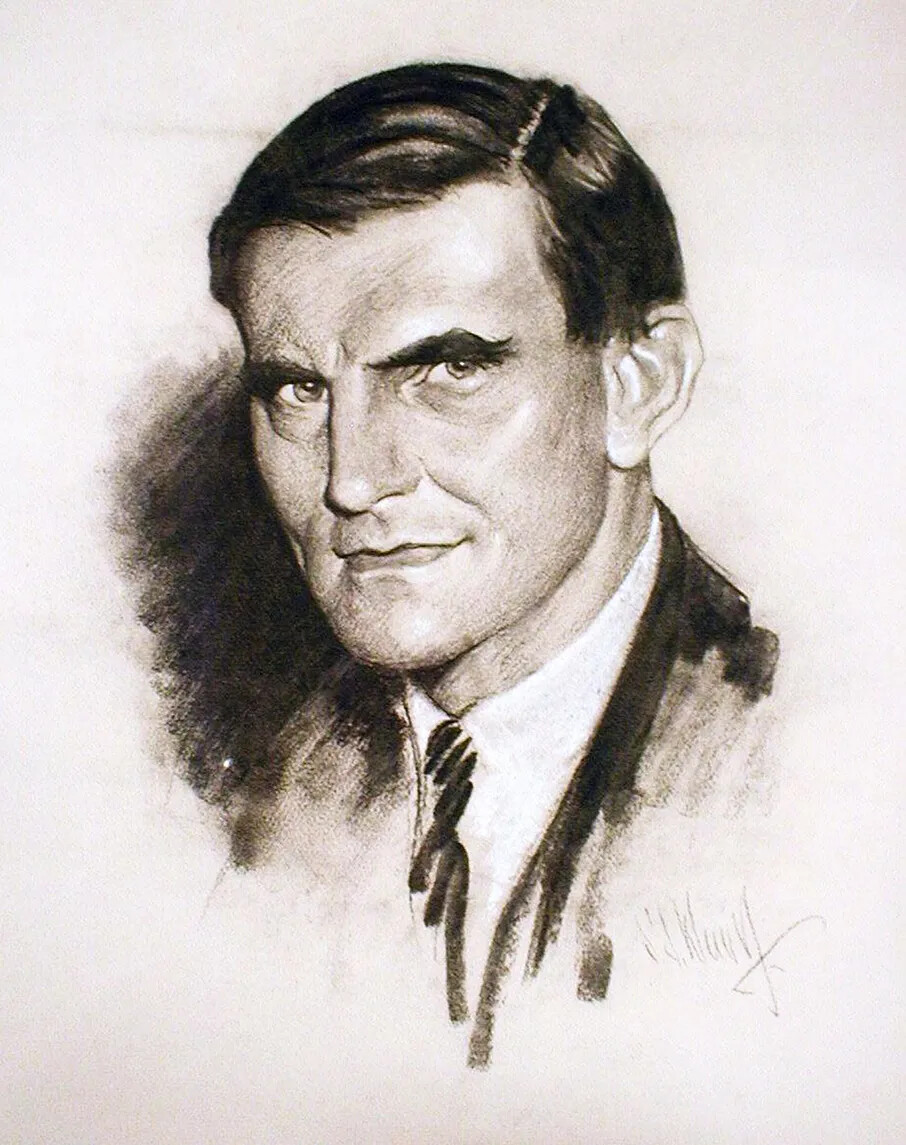 A black and white drawing of a man looking straight at the viewer. He wears a dark jacket, a white collared shirt, and a tie, and has his hair parted to the side.