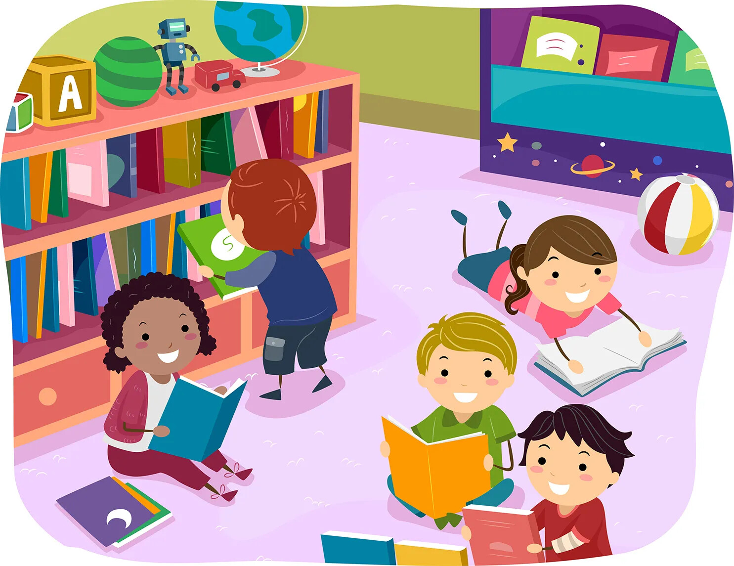 A colored cartoon drawing of five young children reading books in a library. Bordering the group of children are two bookshelves filled with books and toys.