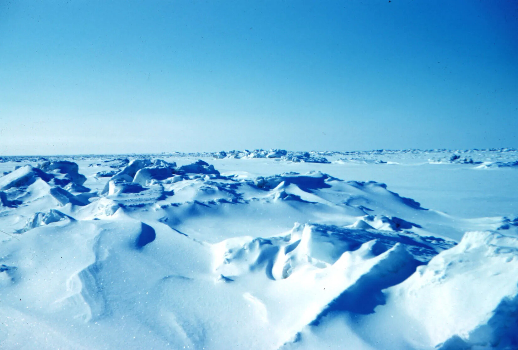 A color photograph shows a wide open blue sky and ice and snow far into the distance. Some areas of snow and ice are flat and some have ice jutting up and making small hills.