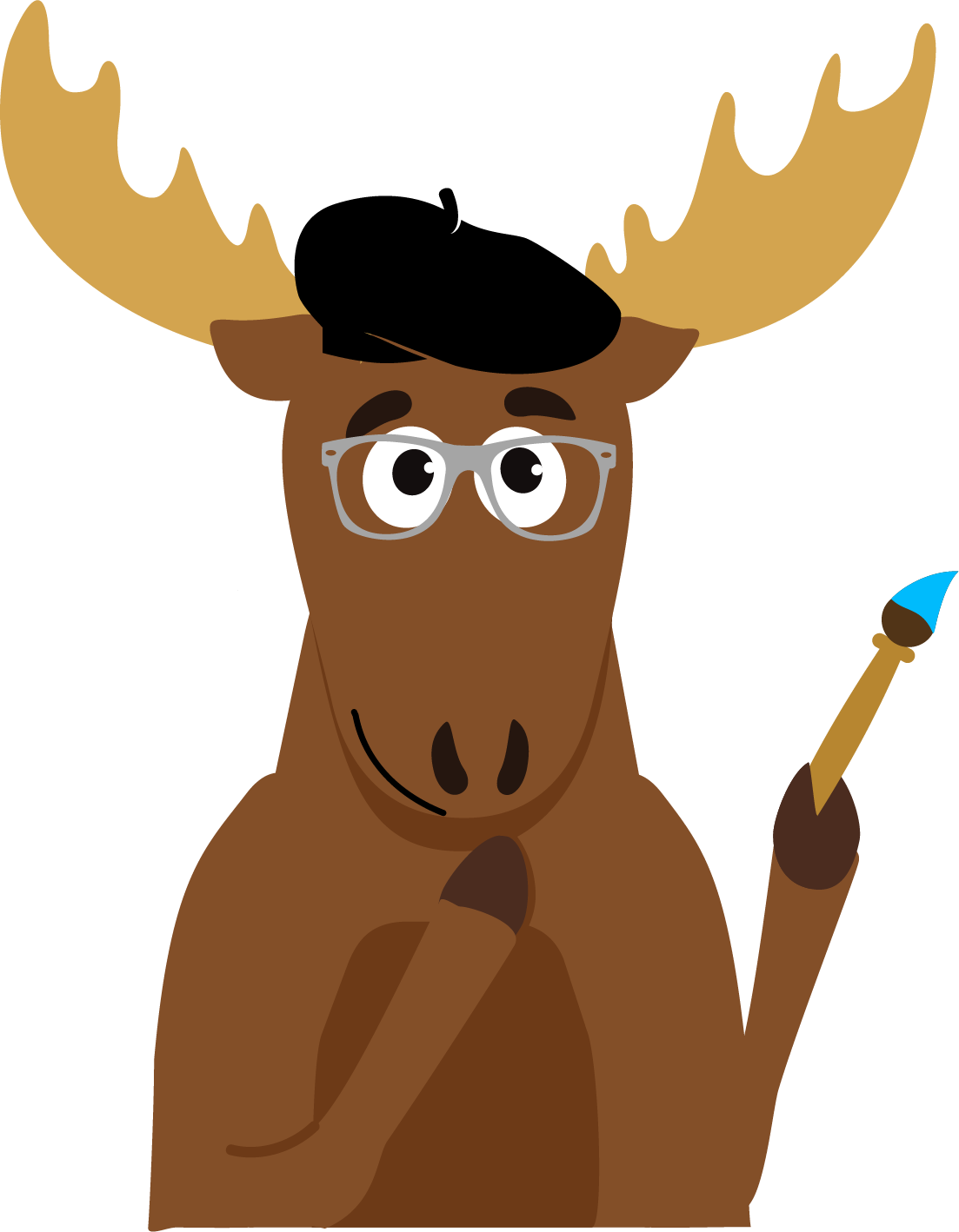 Mason the Moose holding a paint brush with blue paint.