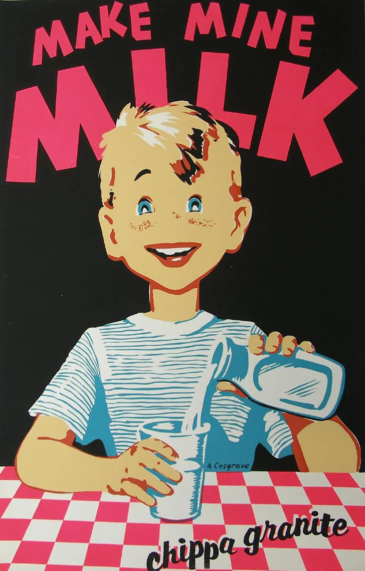 A colored poster showing a white boy in a white and blue striped shirt sitting at a table, holding a bottle and cup of milk. The table is covered in a red and white checkered tablecloth. Above the boy are the words "MAKE MINE/MILK."