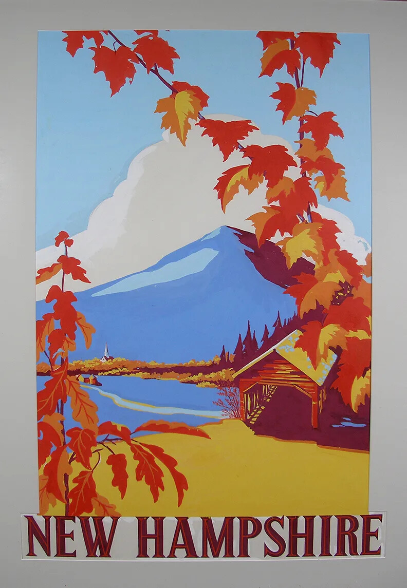 A colored vertical poster, showing a mountain and covered bridge, bordered by orange-colored leaves. The title of the poster, located along the bottom border, reads "NEW HAMPSHIRE."