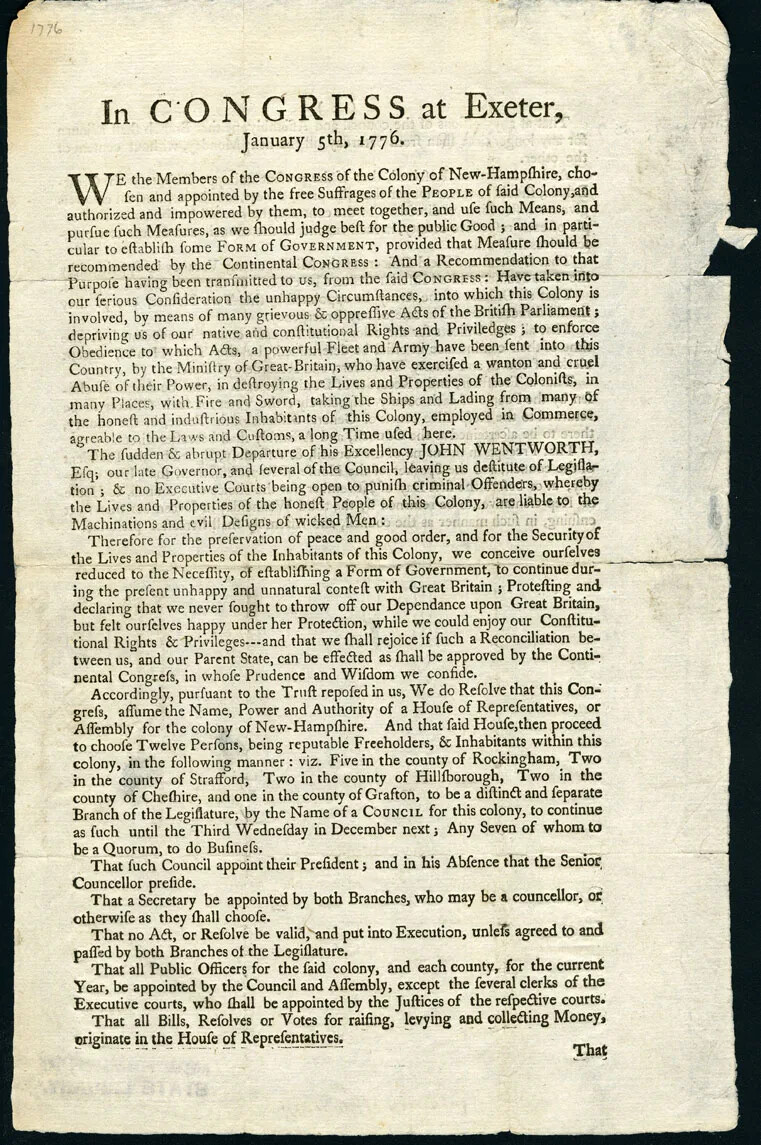 A document is seen with many lines of printed text. There are no pictures, and the document is slightly torn on some edges. In larger print at the top, the title reads "In CONGRESS at Exeter, January 5th, 1776."