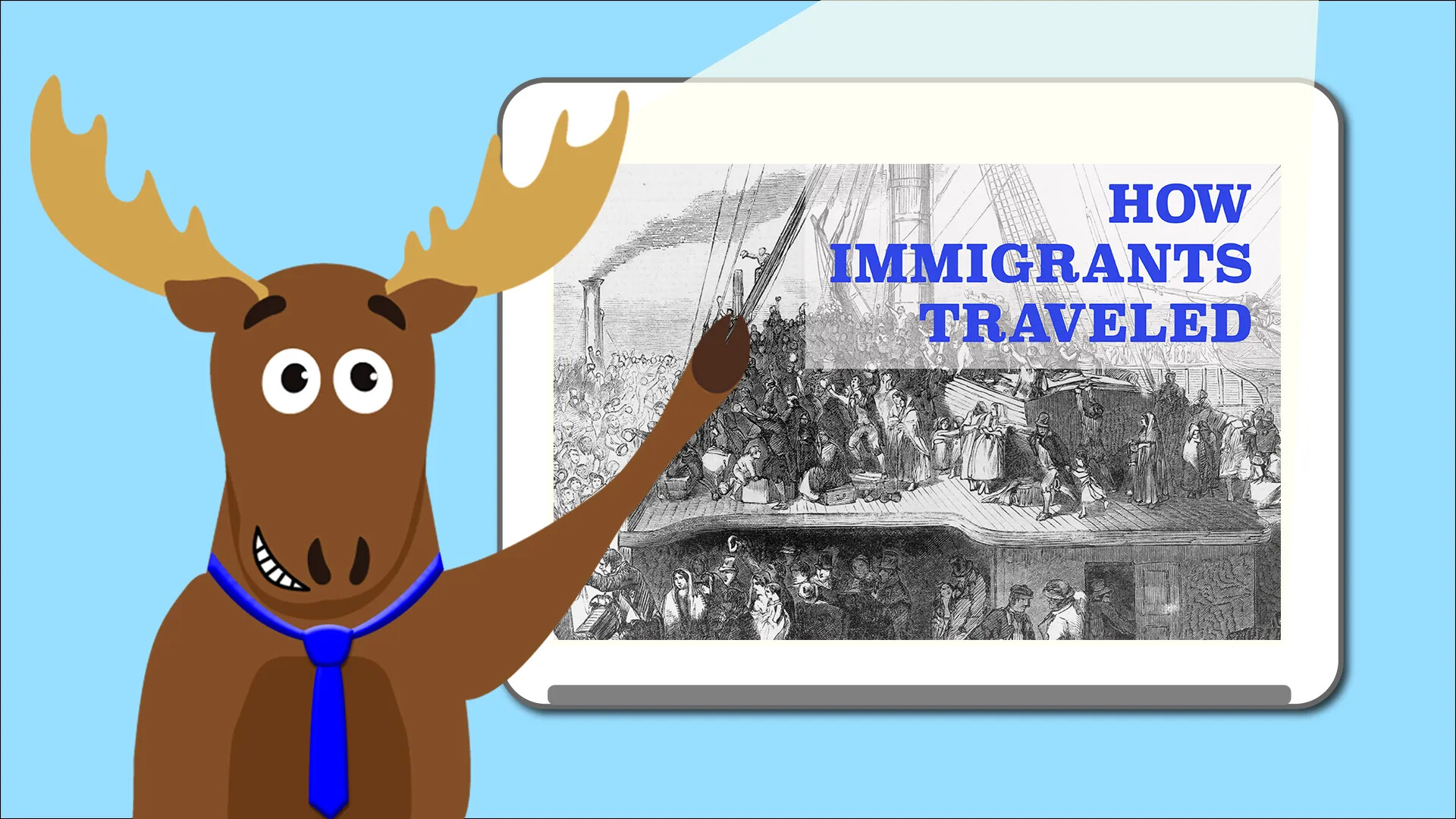 Mason the Moose standing in front of a title card reading "How Immigrants Travelled"