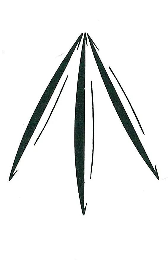 Three broad black lines come together at a point as if to form a tee-pee. There are smaller, black lines half the length of the first lines to the direct right of each line, parallel to each one.