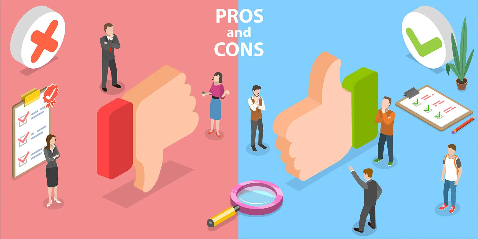 A colored cartoon image of a thumbs-up and thumbs-down symbol. The cartoon's title, located centered along the upper border, reads "PROS/AND/CONS" in white text against a vertically divided background of pink and blue. The thumbs are surrounded by cartoons of people and clipboards.