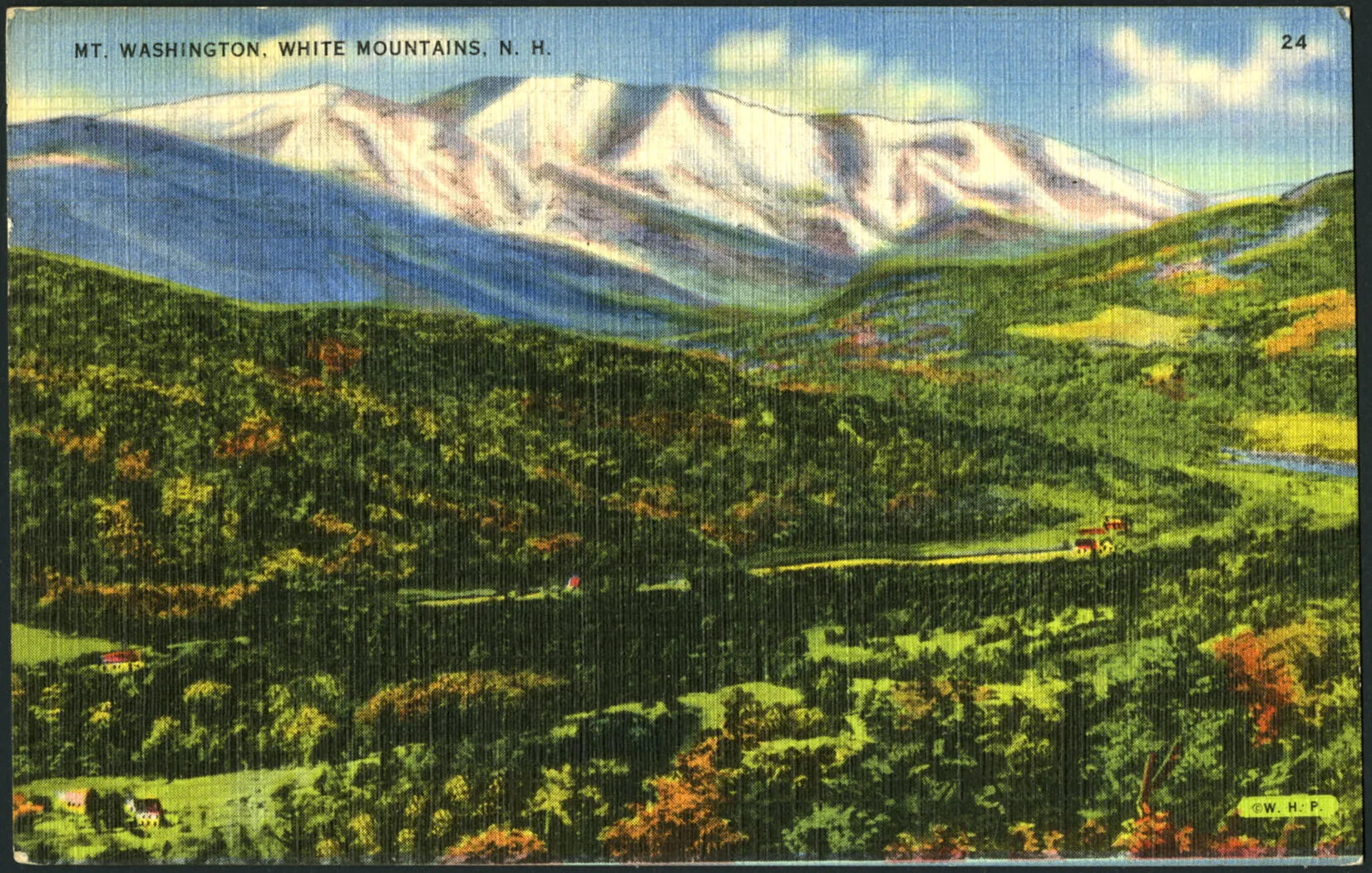 A colored postcard of a mountain landscape. The postcard mainly shows a green landscape, filled in with trees of slightly different colors. In the background, a group of tall white mountains frame the top part of the postcard. The title, placed in the top left corner, reads “MT. WASHINGTON, WHITE MOUNTAINS, N. H”.