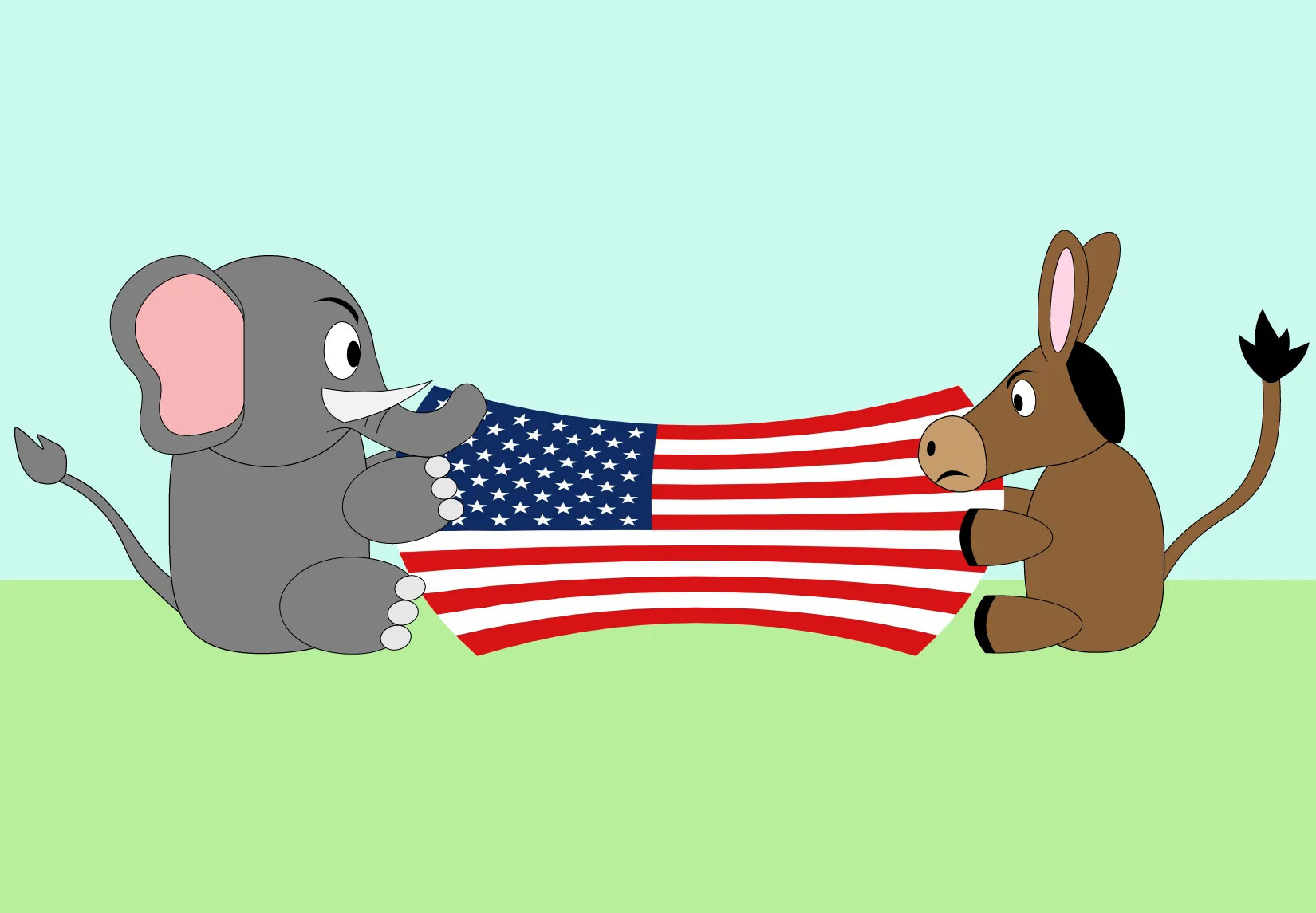 A colored cartoon drawing of a donkey and elephant pulling at an American flag, as if in a game of tug-of-war.