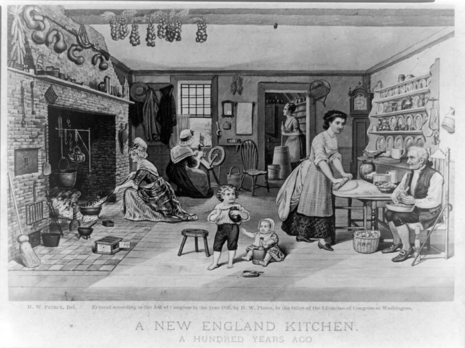 A black and white drawing of the interior of a house, with a large fireplace on the left side of the room. A group of men, women, and children are all working at various chores around the room. One woman places coals on top of a pot in the fireplace; one woman works at a spinning wheel; another woman stands next to a cylinder barrel; another woman rolls out dough with a rolling pin; a man peels apples over a bowl; and two children play on the floor in the center of the room. Various herbs and vegetables hang from the ceiling. The title of the drawing, located along the bottom border, reads "A NEW ENGLAND KITCHEN,/A HUNDRED YEARS AGO."