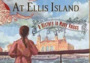 Book Cover of "At Ellis Island" showing a girl looking at the immigration station from a ship.