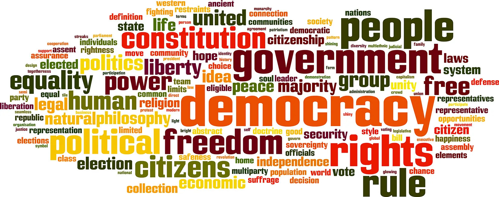 A colored image of a word cloud, which has words representing civics education printed in different colors and varying sizes in a rounded blob.