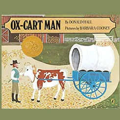 Book cover of "Ox-Cart Man" with a man, ox, and cart.