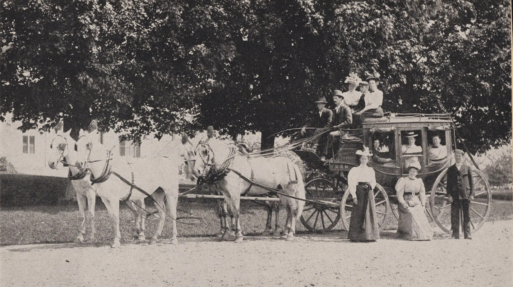 Photographic print of the Northwood Express stagecoach with passengers in Northwood, NH.