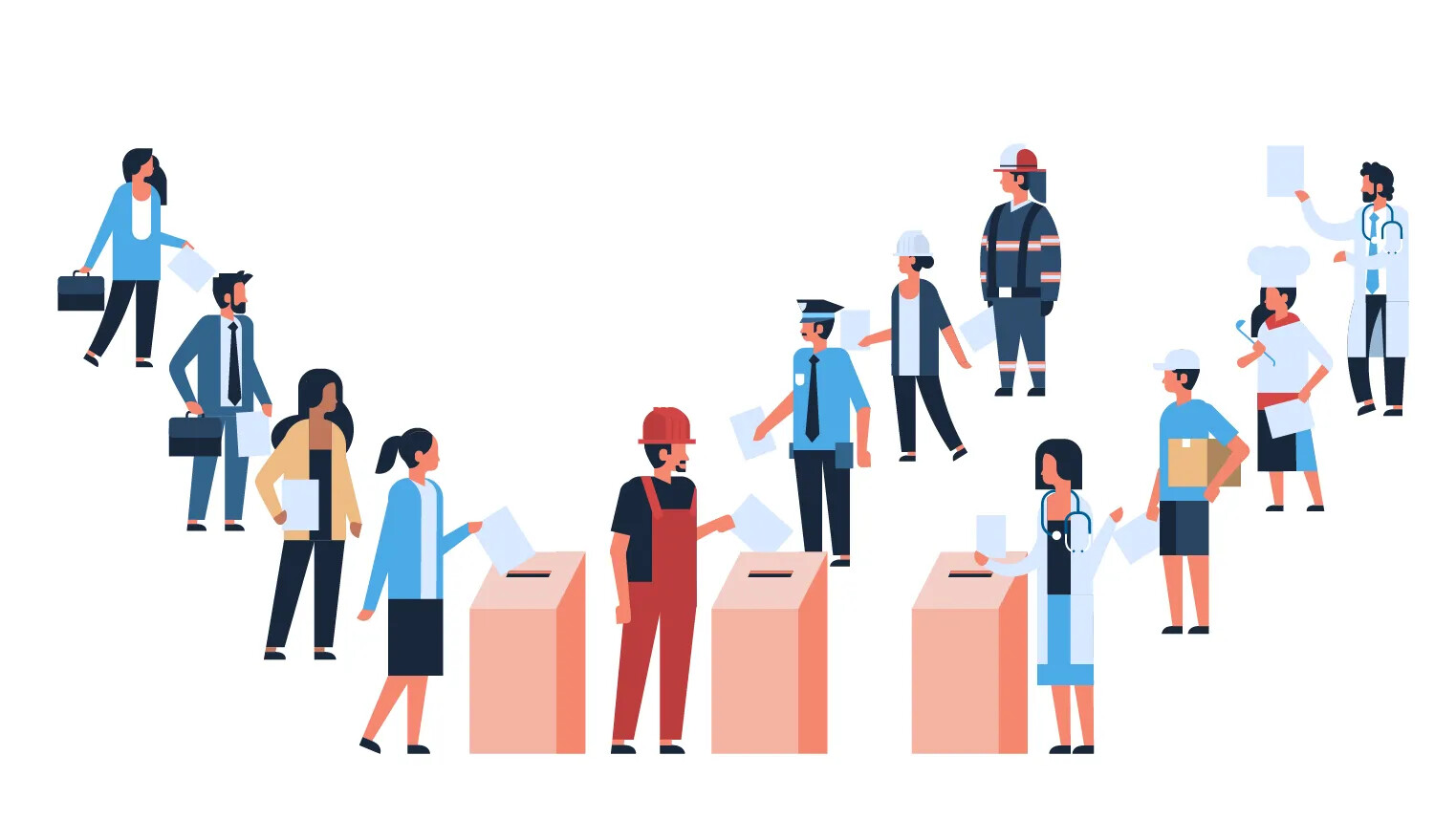 A colored cartoon drawing of three lines of people, who are all dressed in different professional outfits. All of the people hold a single piece of paper. Each line stands in front of a red box with a slot in the top of it. The people standing at the front of the lines place their piece of paper in the slots.