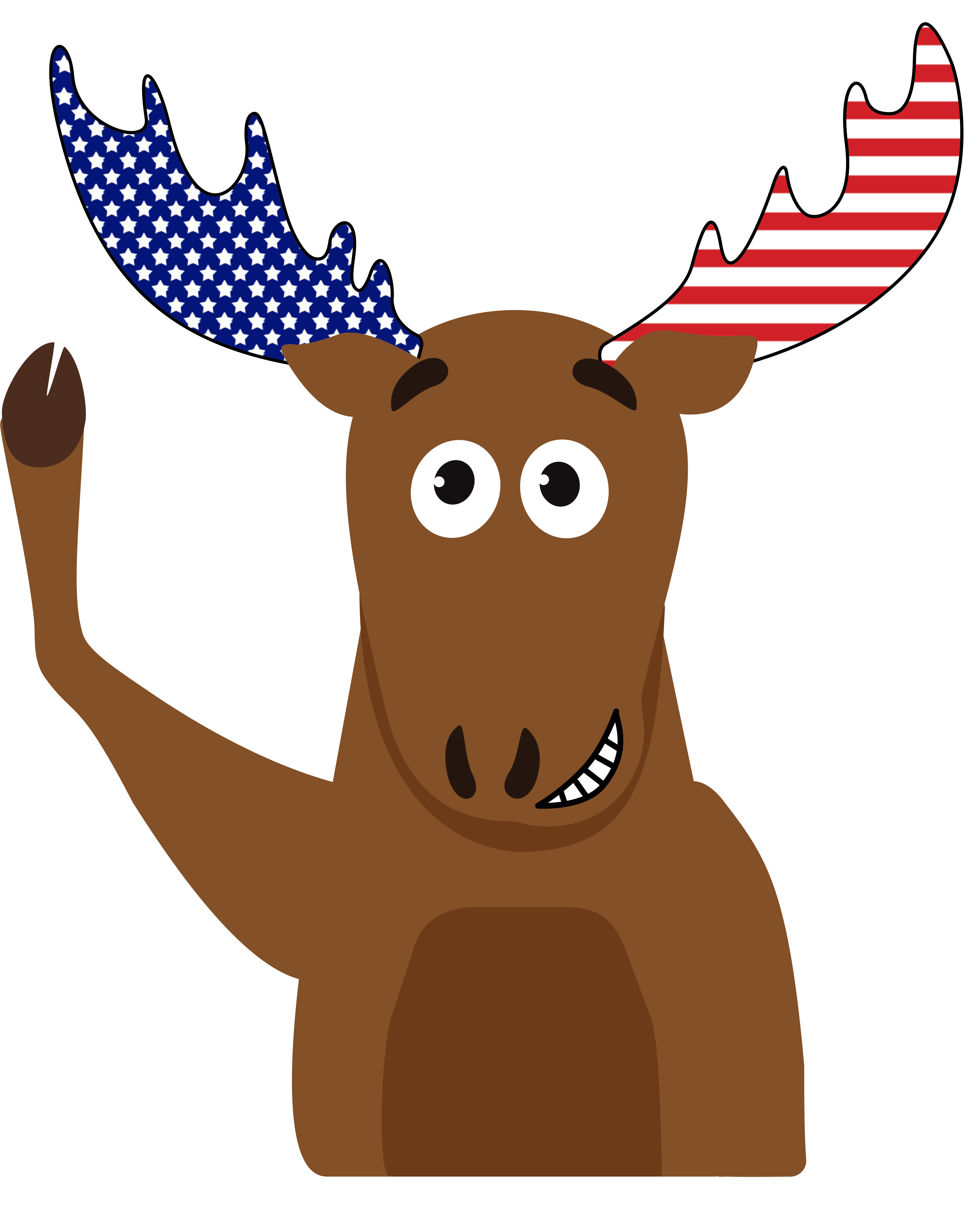 Smiling moose with American flag antlers.