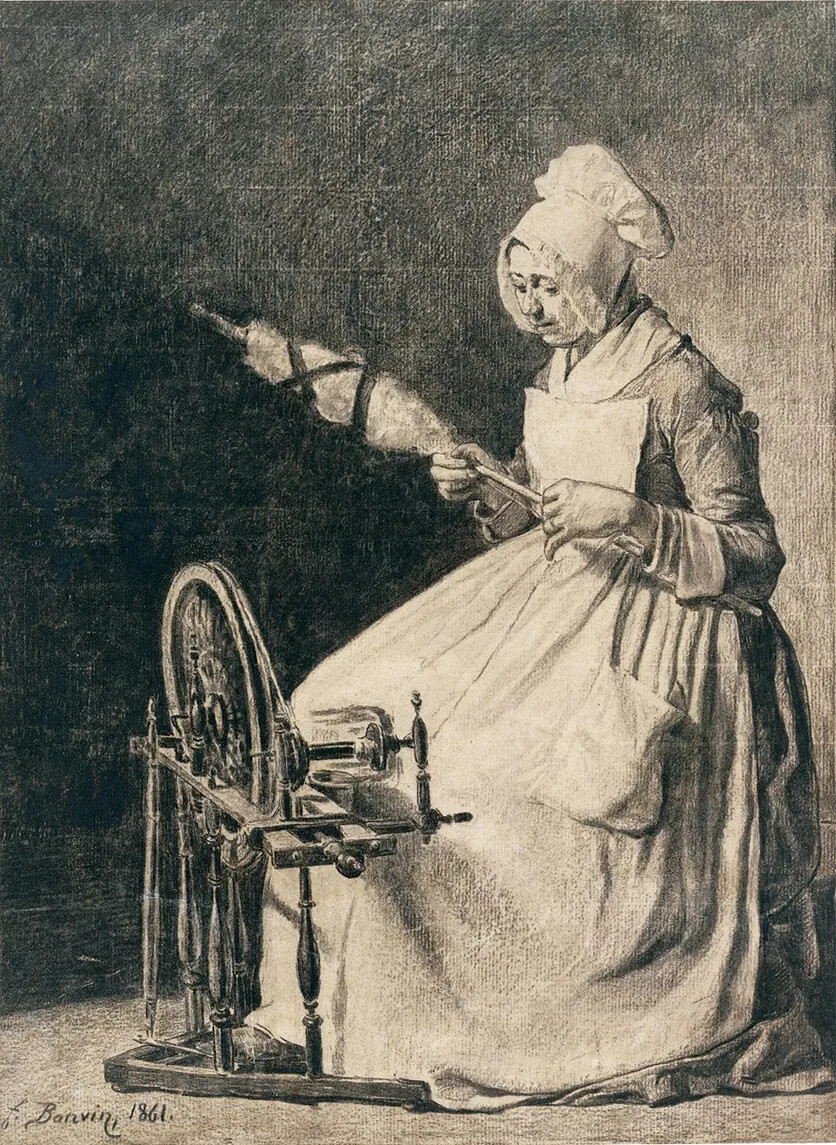 A black and white drawing of a woman seated in front of a spinning wheel. She wears a long-sleeved dress with an apron and a large bonnet on her head. She holds a wooden rod with fluffy materials wrapped around the end of it in her hands.