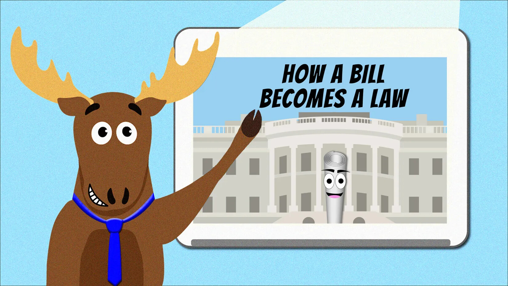 Mason the Moose standing in front of a blackboard