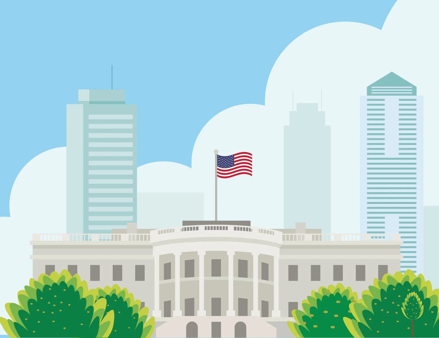 A colored cartoon drawing of a large white house, with a semi-circular front . Above the building is a waving American flag on a flagpole. Behind the building are three skyscrapers.