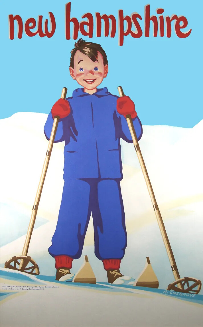 A colored vertical poster of a young boy wearing a blue snow suit, red mittens, and brown boots, standing on skiis in a snowy location. He holds a ski pole in each hand. The title of the poster, which is centered along the upper border in red text, reads "new hampshire."