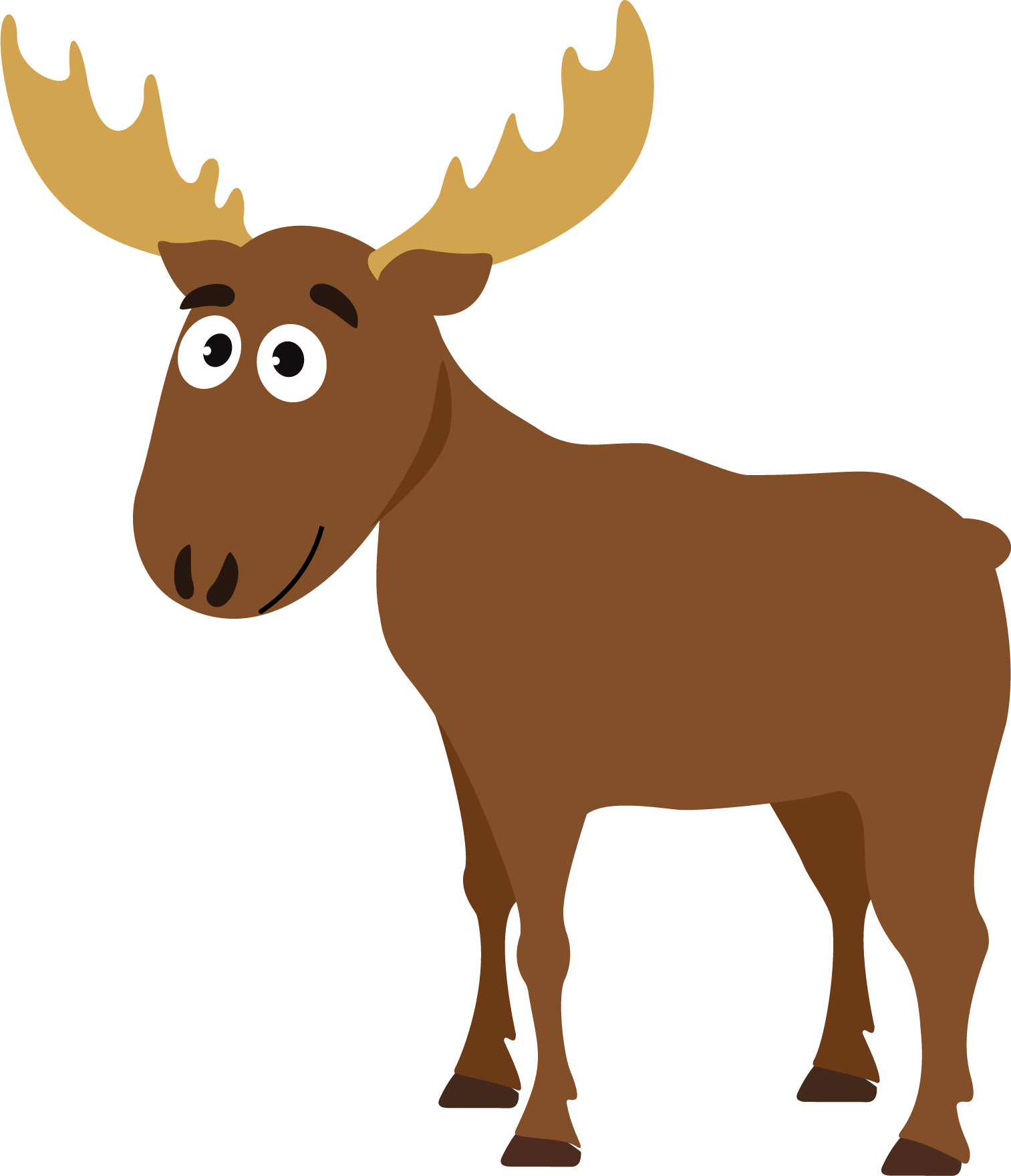 Moose with large antlers and a soft smile, facing slightly left.