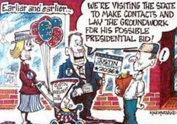 A cartoon depicting a baby in a stroller with campaign materials