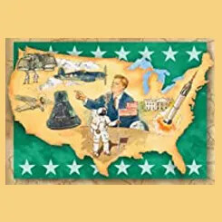 Illustrated map of the U.S. showing space exploration and historical events.