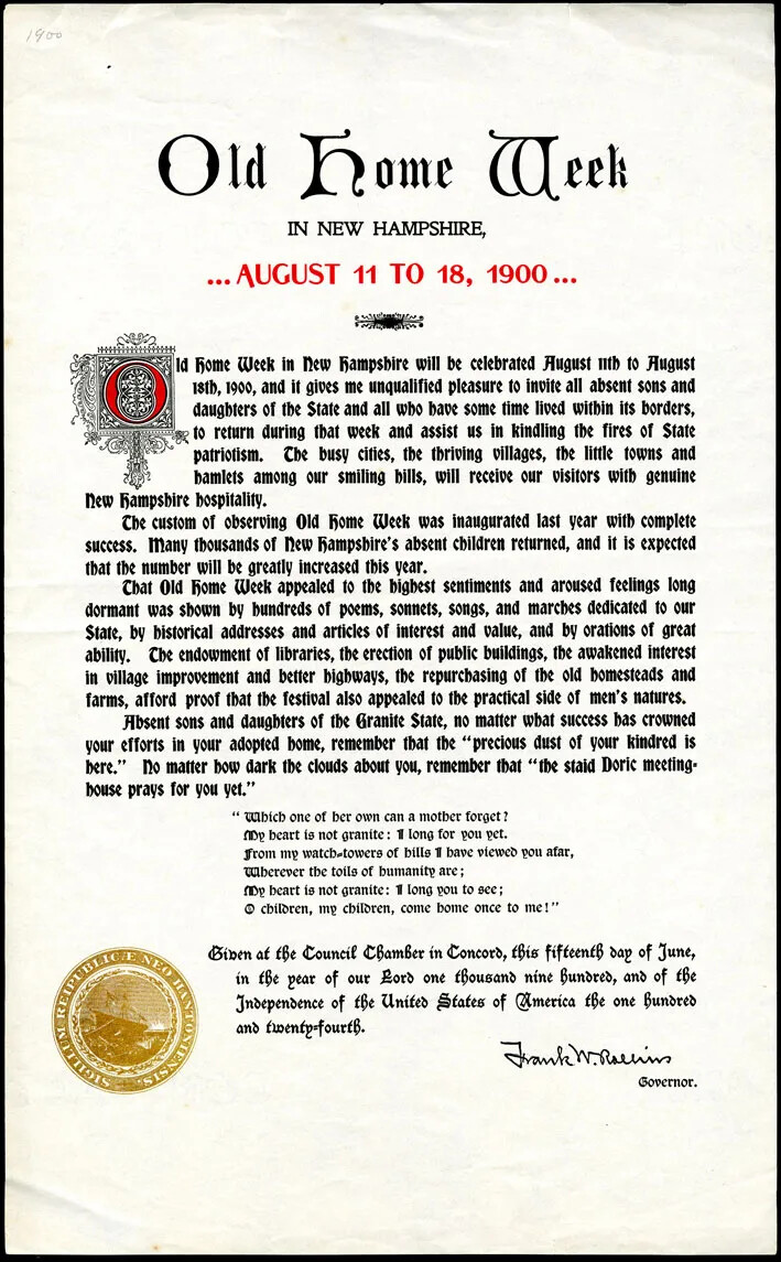 A document has ornate printing. It is titled "Old Home Week in New Hampshire … August 11 to 18, 1900 …" Five paragraphs describe the celebration, and include one paragraph of poetry at the bottom. The governor Frank Rollins has signed it, and there is a golden seal of the state at the bottom left corner.