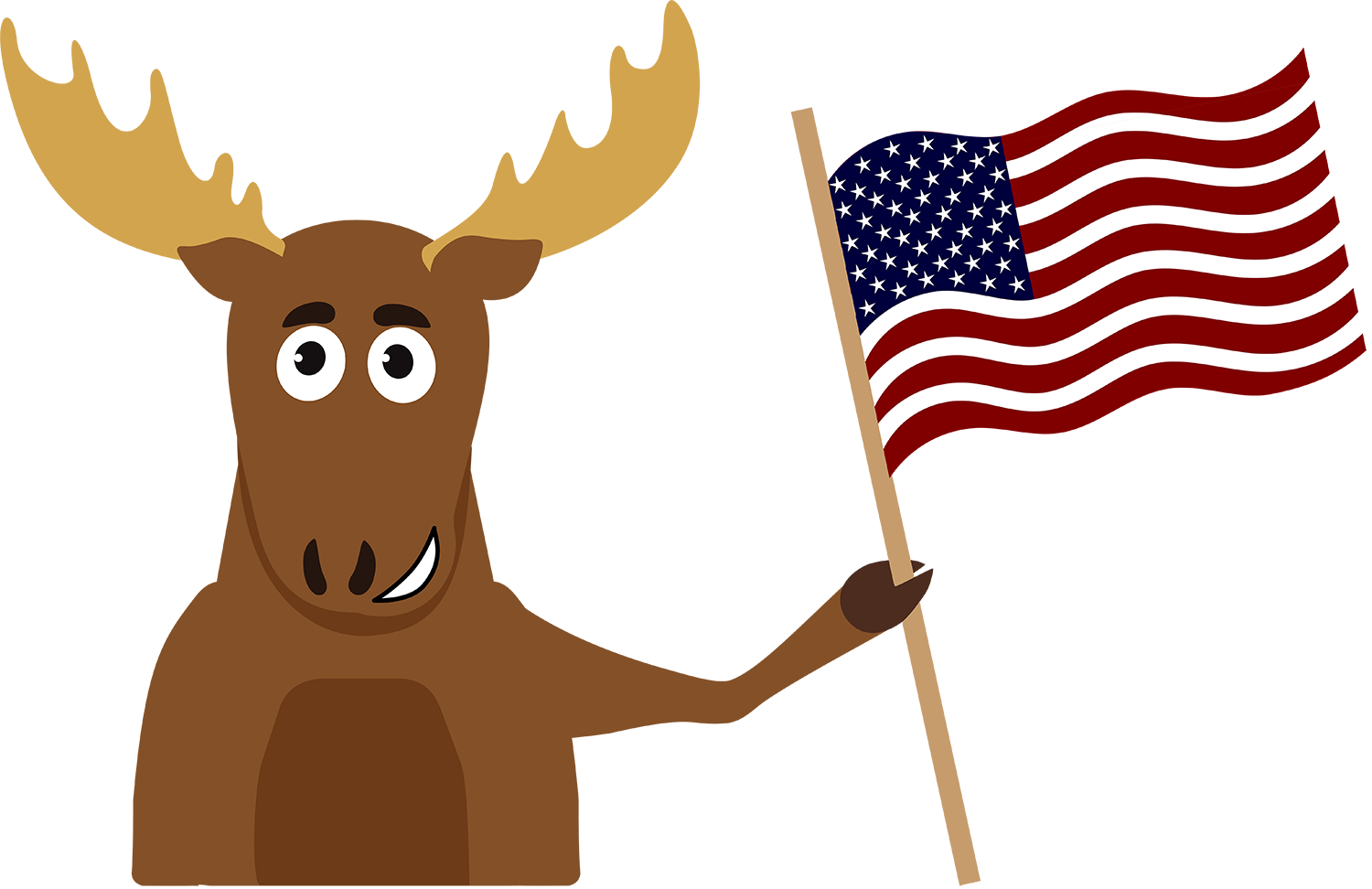 Smiling moose holding an American flag.