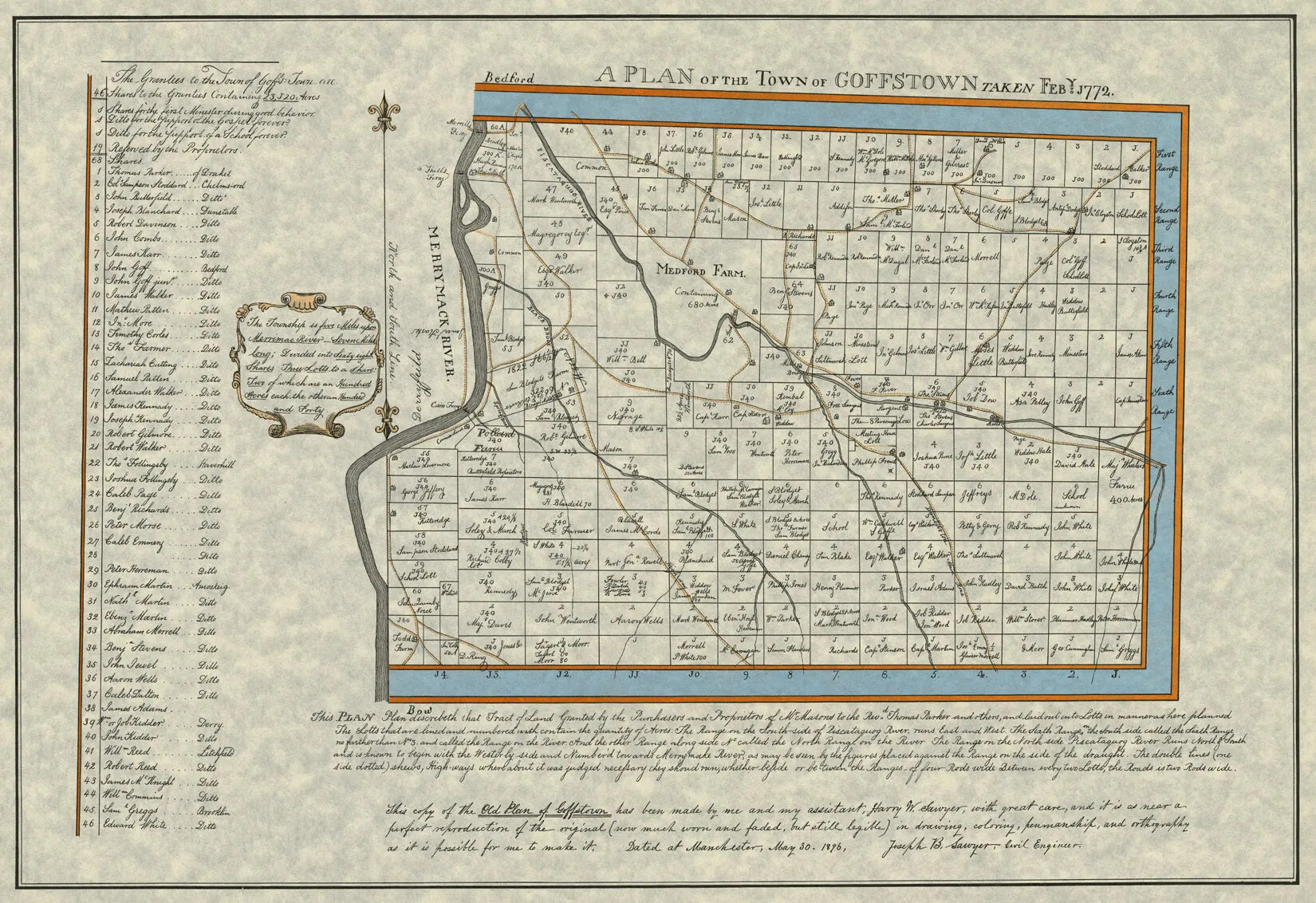 A colored horizontal map of a hand-drawn piece of land that has been sectioned into square and rectangular plots. The map is framed by a blue border, outlined in orange. To the left of the map is a long list of names written in cursive handwriting. The title of the map, located along the upper border, reads "A PLAN OF THE TOWN OF GOFFSTOWN TAKEN FEBY 1772."