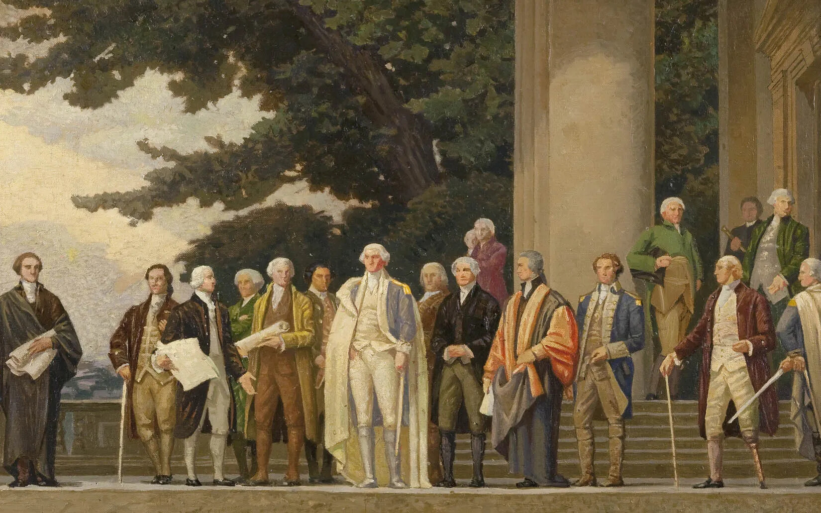 A long rectangle painting shows many figures of men dressed in formal suits from the 1700s. They are standing on some steps in groups, talking together and looking at one man. That man has a long white object in his hand. The background is a building with large columns on the left, trees, and a sky filled in with clouds. Flags are massed on the extreme right.
