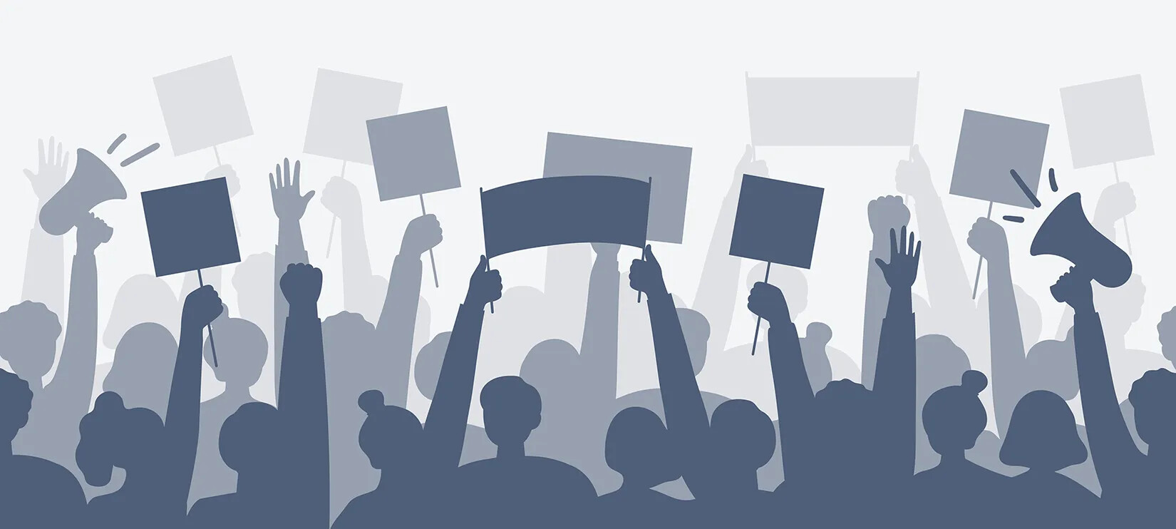 A colored cartoon drawing of a group of people in gray silloutte, who are all holding up banners, signs, and bull horns.