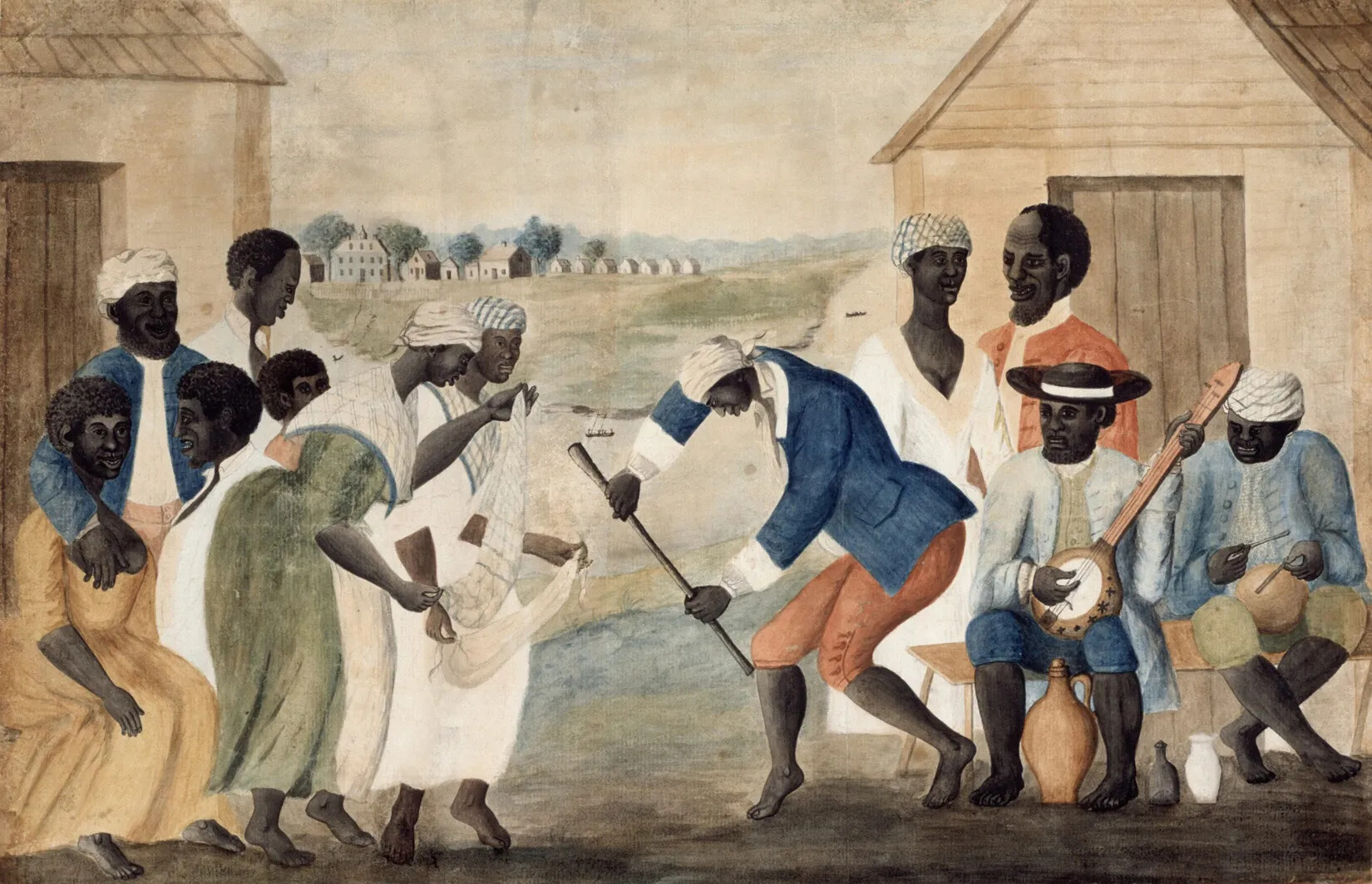 A colored painting of a group of Black men and women dancing and playing musical instruments. There are two single-storied houses in the background. In the distance, there is a large, multi-storied house and several single-storied house at the edge of a green field.
