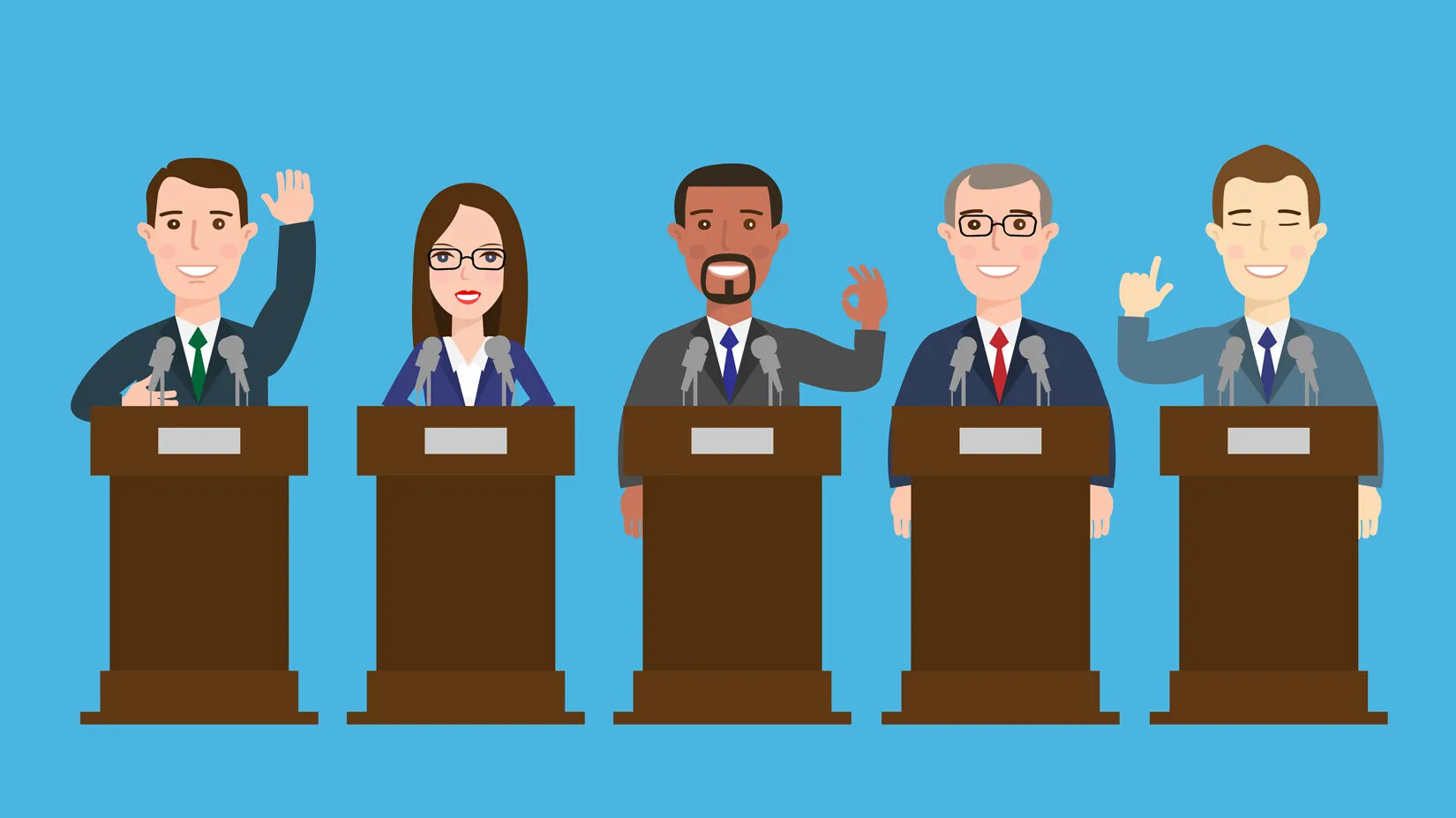 A colored cartoon drawing of four men and a woman, standing behind brown podiums. The woman and three of the men are white and one of the men is Black. They all wear collared shirts and blazers, and the men wear different colored ties.