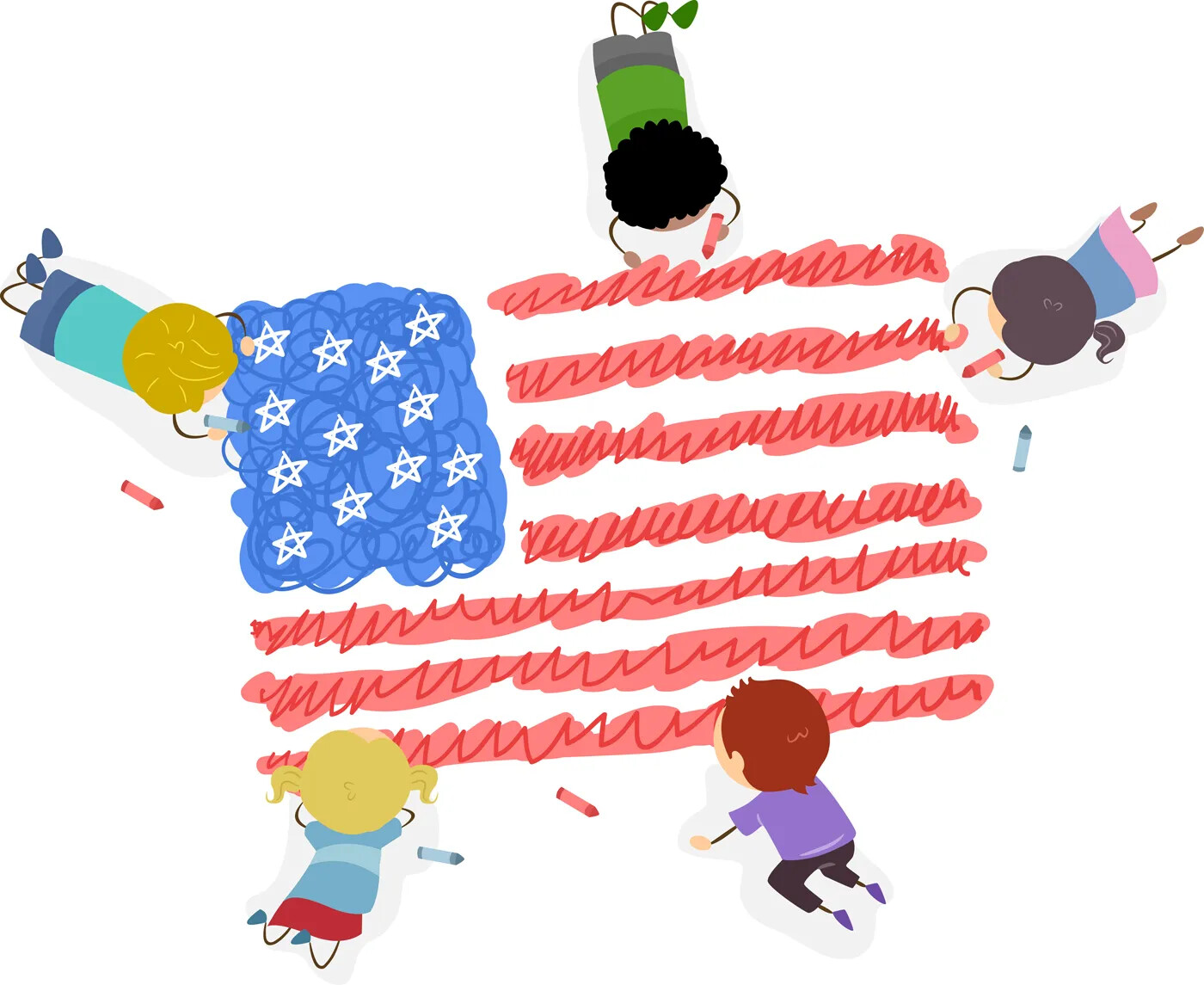 A colored cartoon drawing of five children lying on their stomachs, coloring in an American flag.