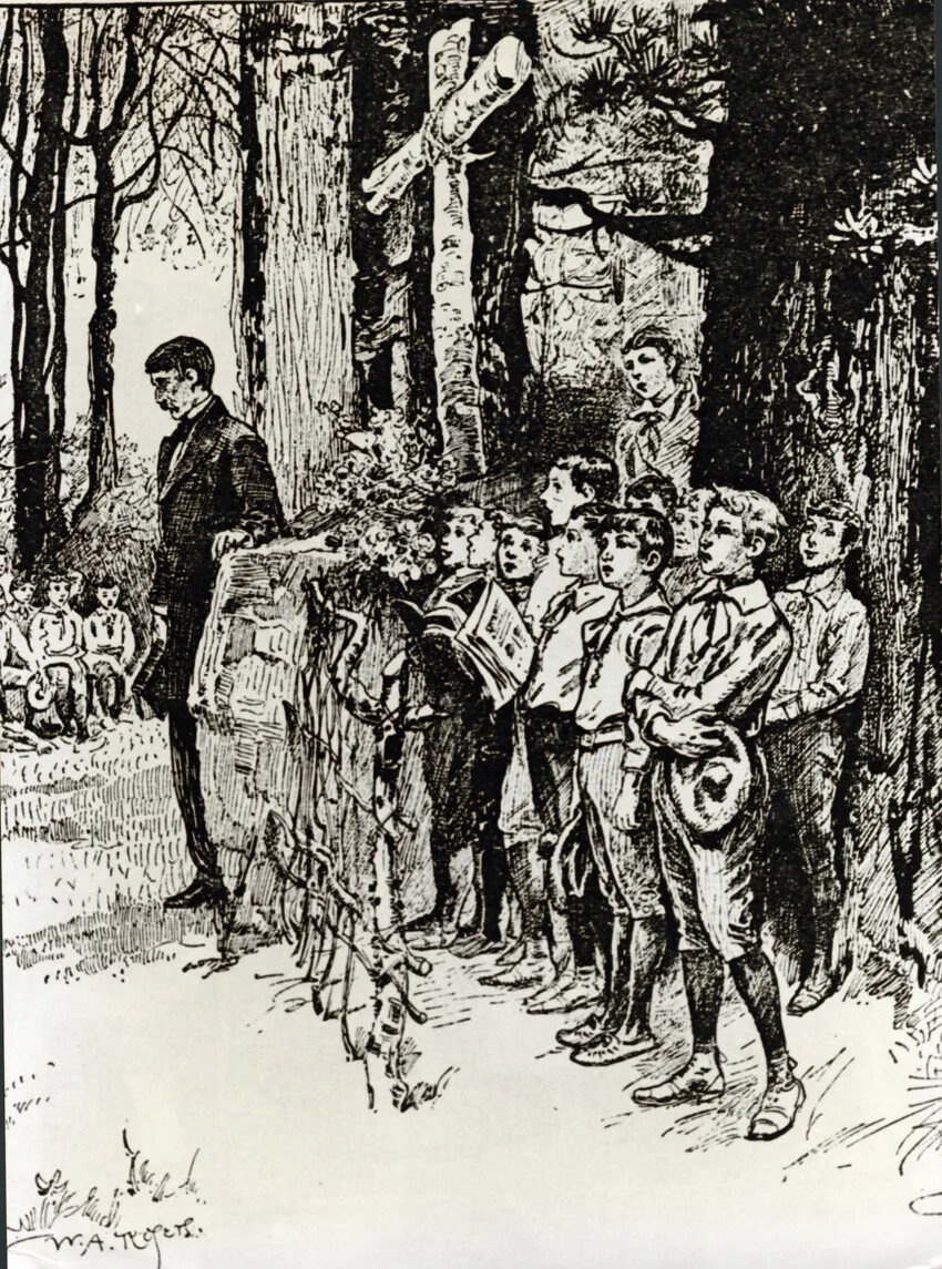A black and white drawing of a group of boys standing to the right of a large wooden cross. A tall man stands of their left, and another group of boys sit on the left side of the drawing.