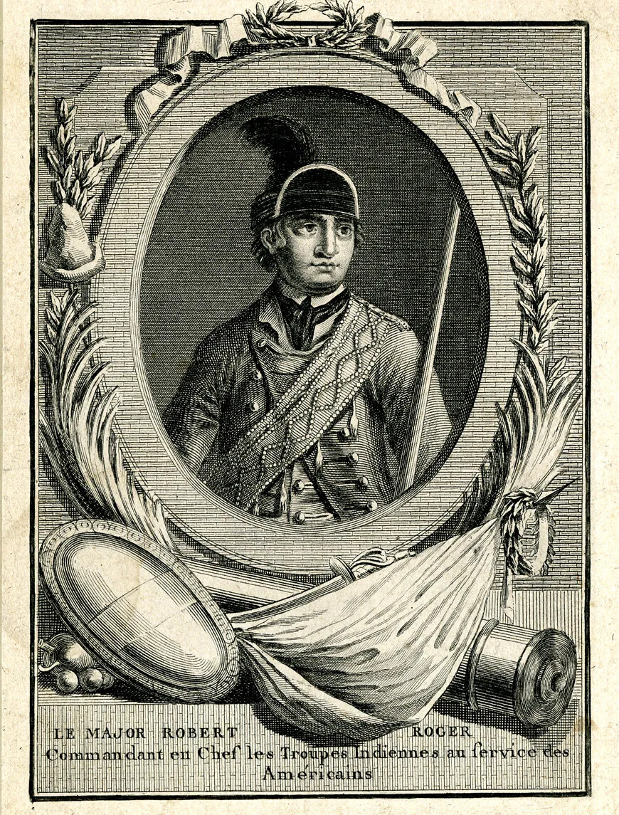 A black and white drawing of a man in a jacket with large buttons, wearing a hat with a large feather on his head. He also wears a sash with a diamond pattern on it across his chest. The man's portrait is framed in an oval, surrounded by vines and ribbons. Underneath the oval are three lines of text written in French.