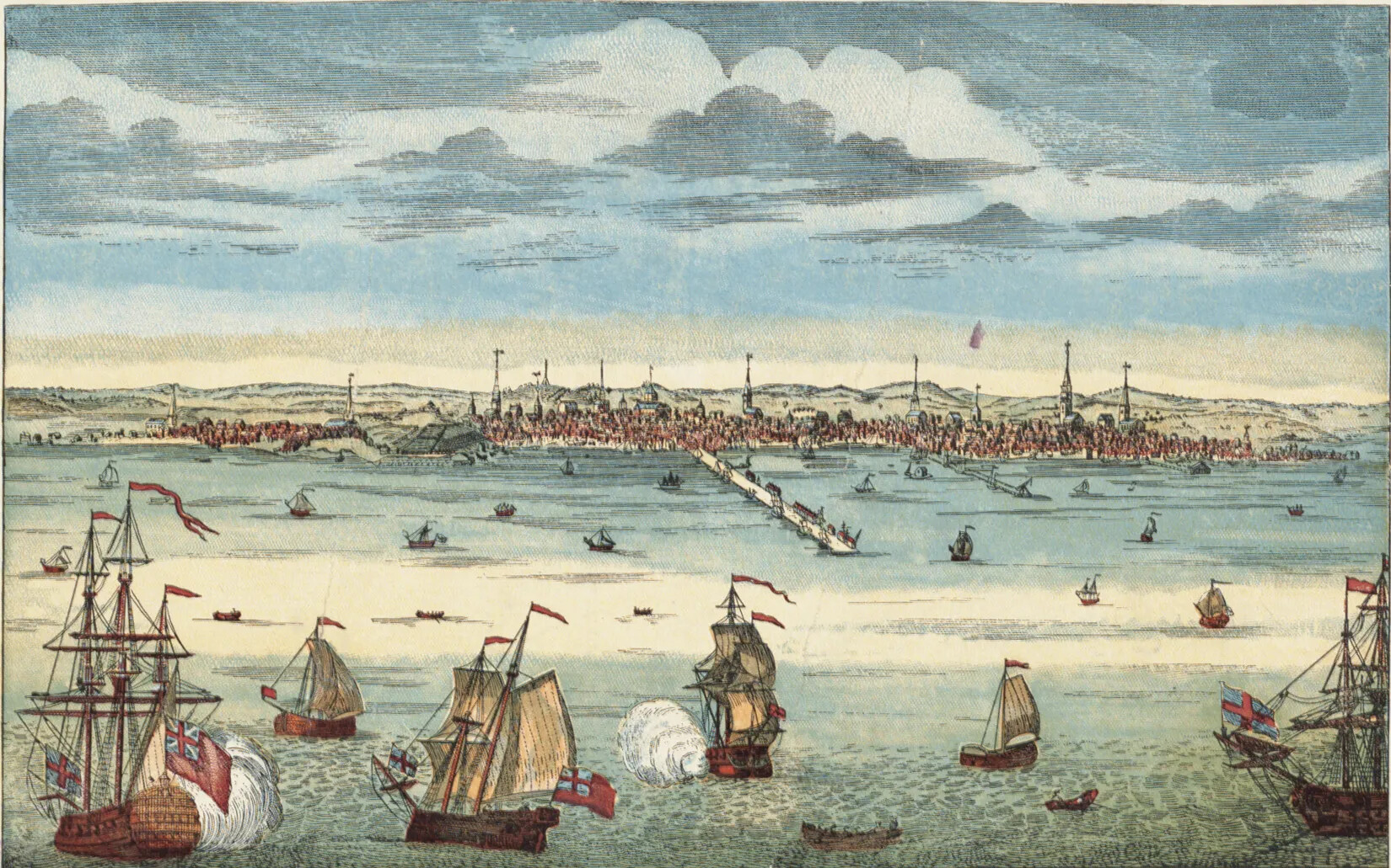 A colored painting of several large ships sailing on a body of water. All of the ships fly a red flag with a blue and red cross pattern on it. In the distance, there is a piece of land with a town overlooking the water. The town has many houses and tall church steeples. In the distance are several green hills.