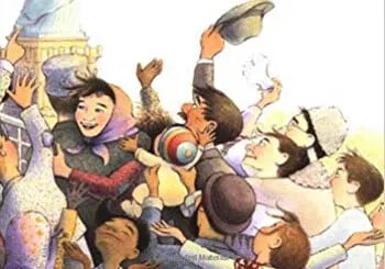Joyful immigrants arriving and waving toward the Statue of Liberty.