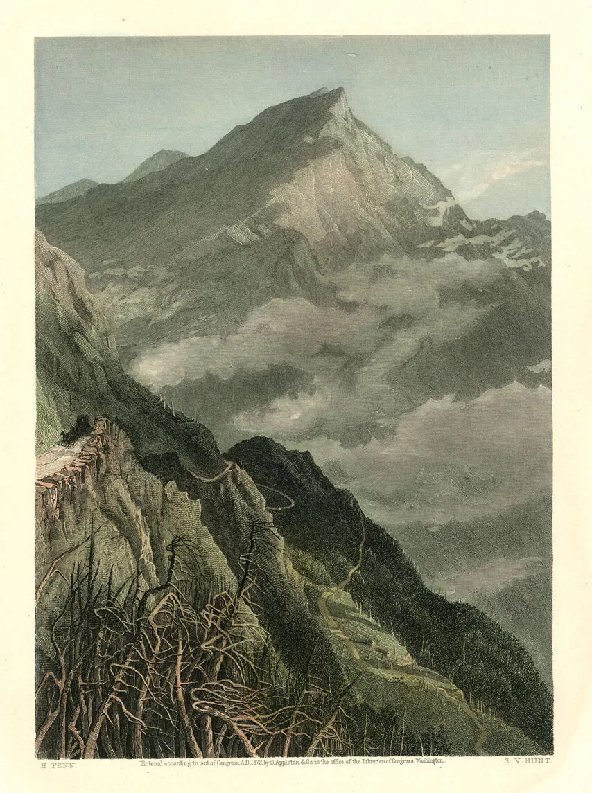 A colored vertical painting of a mountain range. There is a large gray mountain with white and gray clouds floating in front of it in the background of the painting, and the sloped side of another mountain in the foreground. There is a curving path carved into the sloped mountain side, on which a small horse-drawn carriage travels along the left side of the painting.